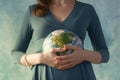 Pregnant woman with a globe in her hands. The concept of the future of the earth is in our hands Royalty Free Stock Photo