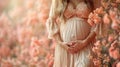 A pregnant woman in a gown stands amidst flowers in a field Royalty Free Stock Photo