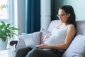 pregnant woman on grey sofa with laptop on knees working as freelancer at home Royalty Free Stock Photo