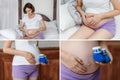 Pregnant woman, hands on belly. Collage of pictures, pregnancy set Royalty Free Stock Photo