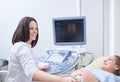 Pregnant woman having ultrasonic scanning at the clinic