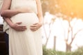 Pregnant woman and her husband hugging on the tummy together Royalty Free Stock Photo