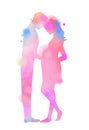 Pregnant woman with her husband silhouette plus abstract watercolor painted. Digital art painting Royalty Free Stock Photo