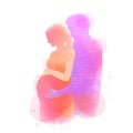 Pregnant woman with her husband silhouette plus abstract watercolor painted. A man with his wife. Digital art painting Royalty Free Stock Photo