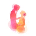 Pregnant woman with her husband silhouette plus abstract watercolor painted. A man with his wife. Digital art painting Royalty Free Stock Photo