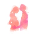 Pregnant woman with her husband silhouette plus abstract watercolor painted. A man kissing his wife. Digital art painting