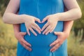 Pregnant woman and her husband standing in the park and holding their hands on her baby bump. Hands in a heart shape Royalty Free Stock Photo