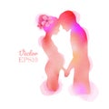 Pregnant woman and her loving man holding hands silhouette plus abstract watercolor painted. Double exposure illustration.