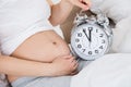 Pregnant Woman Holding Alarm Clock