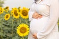 Pregnant woman holding belly in the flower garden. Royalty Free Stock Photo