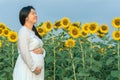 Pregnant woman holding belly with sun flower garden background. Royalty Free Stock Photo