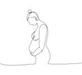 Pregnant woman holding her belly one line art. Continuous line drawing of pregnancy, motherhood, preparation for