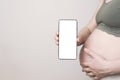 Pregnant woman holding a phone with a blank screen, mock-up. Pregnancy apps, gadgets, move and push tracking, diet