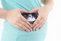 Pregnant woman is holding photo of Ultrasound