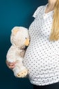 Pregnant woman holding a plush teddy bear next to her big belly, hugging a baby toy on blue background Royalty Free Stock Photo