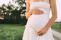 Pregnant woman holds hands on her belly on green nature background Royalty Free Stock Photo