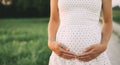 Pregnant woman holds hands on her belly on green nature background Royalty Free Stock Photo