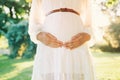 Pregnant woman holds hands on her belly on green nature background Royalty Free Stock Photo