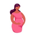 Pregnant Happy Girl in Pink Dress Holds her Belly