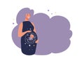 Pregnant woman hugging her belly with baby in uterus, funny flat cartoon illustration of pregnancy and motherhood, copy Royalty Free Stock Photo