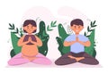 Pregnant woman with husband practicing yoga, lotus pose meditation. Couple sitting in lotus pose, parenting class yoga
