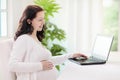 Pregnant woman laptop. Pregnancy online shopping Royalty Free Stock Photo