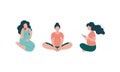 Pregnant Woman Lifestyle with Happy Expectant Mother During Pregnancy Sitting in Lotus Pose and Drinking Tea Vector Set