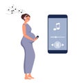 Pregnant woman listens to music. Woman enjoys music to benefit herself and baby. mobile application for listening to