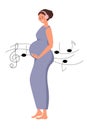 Pregnant woman listens to music. Woman with sportswear enjoys music to benefit herself and baby. Healthy life style and