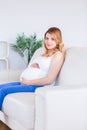 Pregnant woman looking at camera with hands on belly Royalty Free Stock Photo