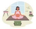 Pregnant woman in lotus pose. yoga at home. Female character does yoga, meditation, stretching, indoor. Mom with belly meditation Royalty Free Stock Photo