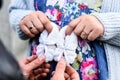 Pregnant woman and loving husband holding baby`s bootees Royalty Free Stock Photo