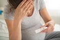 Pregnant woman making test. Close up of fingers holding express antigen covid test, negative result