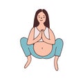 Pregnant woman in malasana position with open hips, breathing and practicing pregnancy yoga. Peaceful female with belly Royalty Free Stock Photo