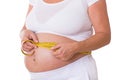 Pregnant woman measures her waist circumference with a tape measure Royalty Free Stock Photo