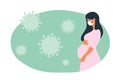 Pregnant woman in a medical mask, green background with viruses, banner with place for text. Medical banner with copy