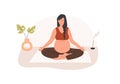 Pregnant woman meditating at home. Prenatal yoga. Woman sitting with legs crossed practicing meditation. Relaxing