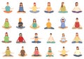 Pregnant woman meditating icons set cartoon . Yoga mother