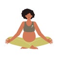 Pregnant woman meditating in lotus pose.Prenatal relaxation training.Afro american lady mother-to-be practices breath exercises