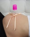 A pregnant woman mother holding baby bottle. Royalty Free Stock Photo