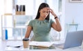 Pregnant woman in office, stress headache at desk with laptop and small business research online. Pregnancy, fatigue and Royalty Free Stock Photo