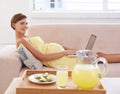Pregnant woman, portrait or food and laptop or healthy, nutrition or wellness for lunch or snack in lounge. Person, meal
