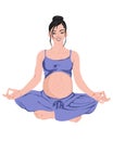 Pregnant woman practicing yoga Vector. making lotus pose in purple pajamas