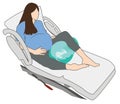 Pregnant woman in Pregnancy labor position w peanut ball on bed