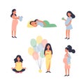 Pregnant woman. Pregnancy vector illustration set. Yoga, walk, sleep, baby shower and other situations. Character vector