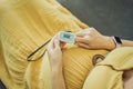 Pregnant woman with pulse oximeter on finger. Doctor measuring oxygen saturation level while visiting expectant mother Royalty Free Stock Photo