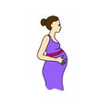 Pregnant woman in purple dress isolated on white.