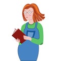 Pregnant woman read baby book. Redhead pregnant girl in denim overalls and glasses. Vector cartoon illustration.