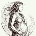 Pregnant woman in a red dress in nature foliage in background. Concept vector illustration in minimal style.