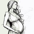 Pregnant woman in a red dress in nature foliage in background. Concept vector illustration in minimal style.